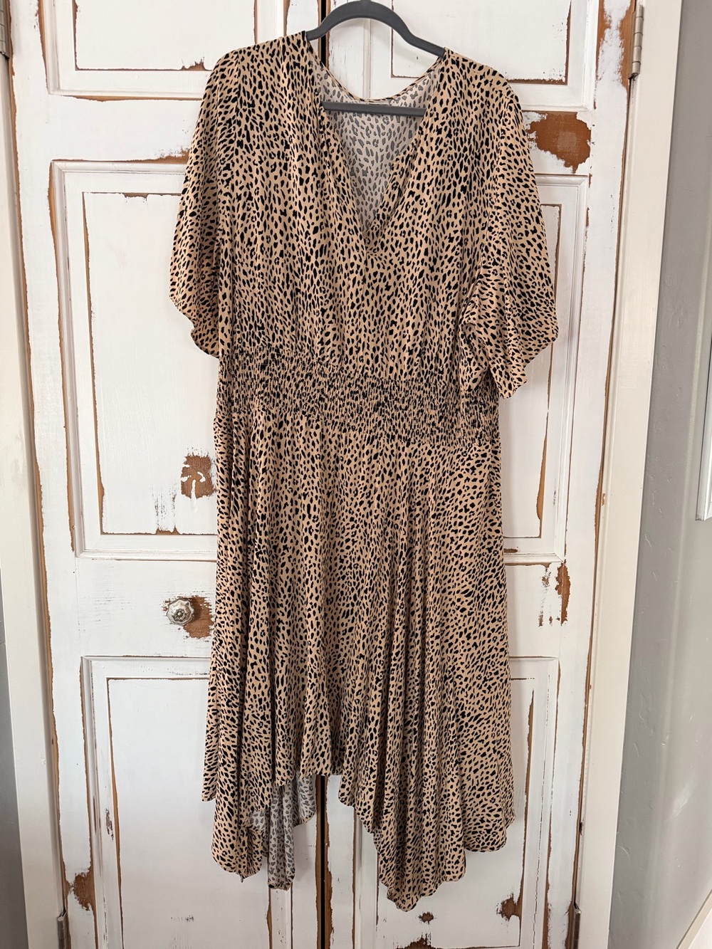 Avenue Leopard Print Asymmetrical Midi Dress in Tan and Black